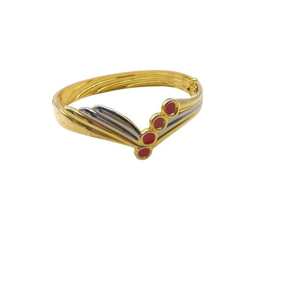 Gold-Tone Clamper Bangle Bracelet with Red & Silver Accents Hinged Closure - Picture 2 of 5